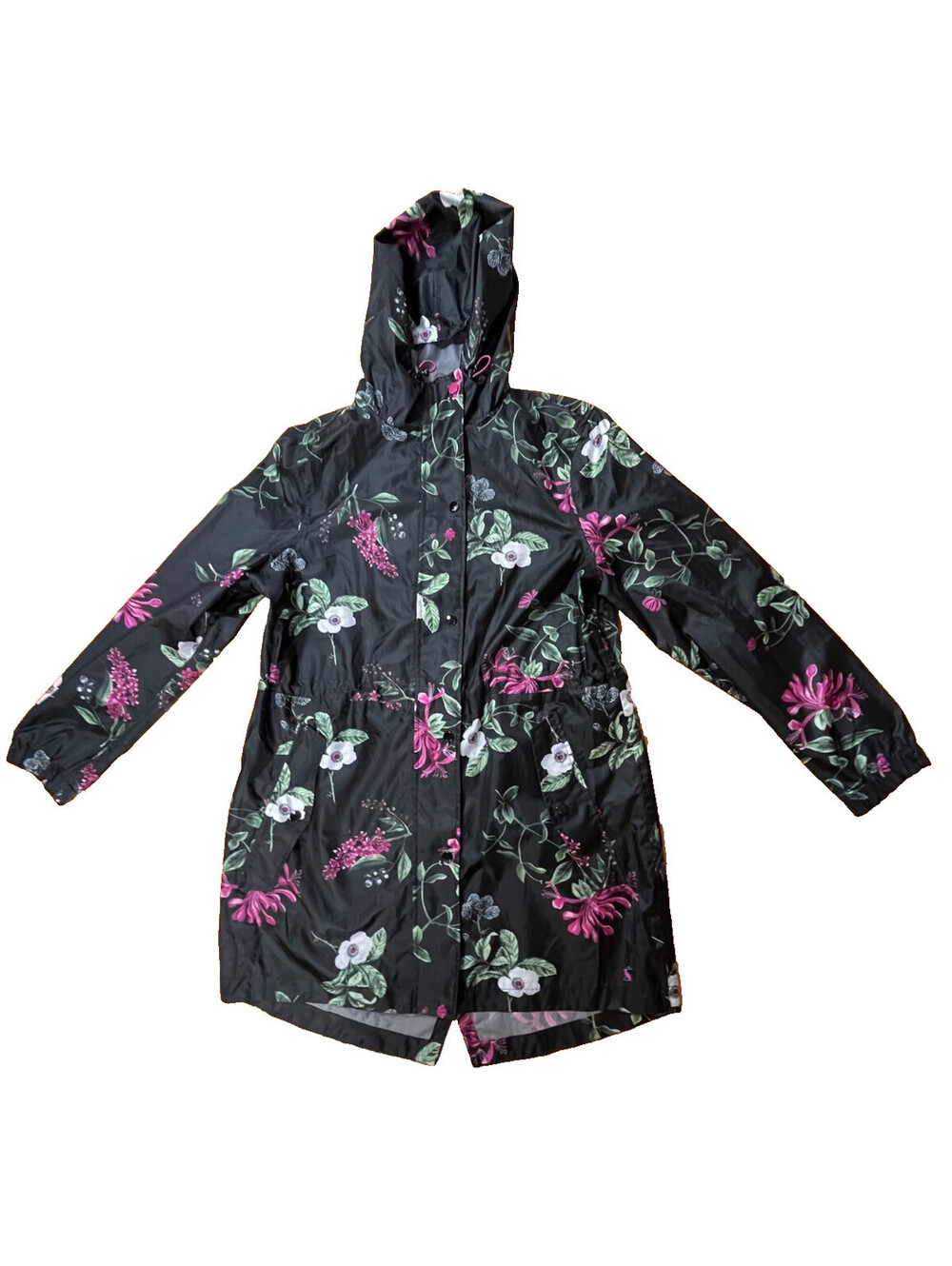 Joules Right as Rain Golightly Raincoat Womens 8 Black Floral Waterproof Hood